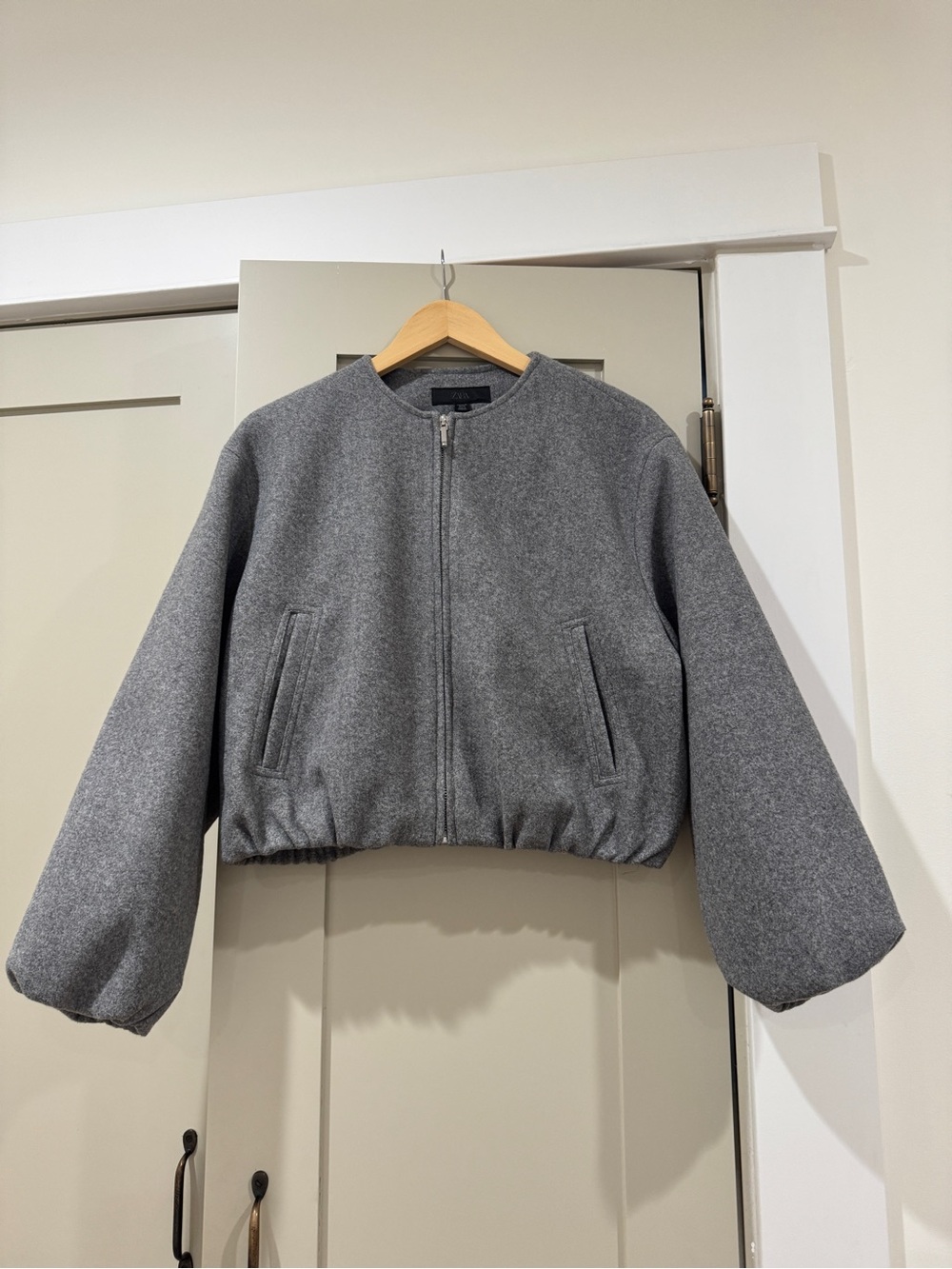Zara Gray Zip-Front Cropped Collarless Bomber Jacket
